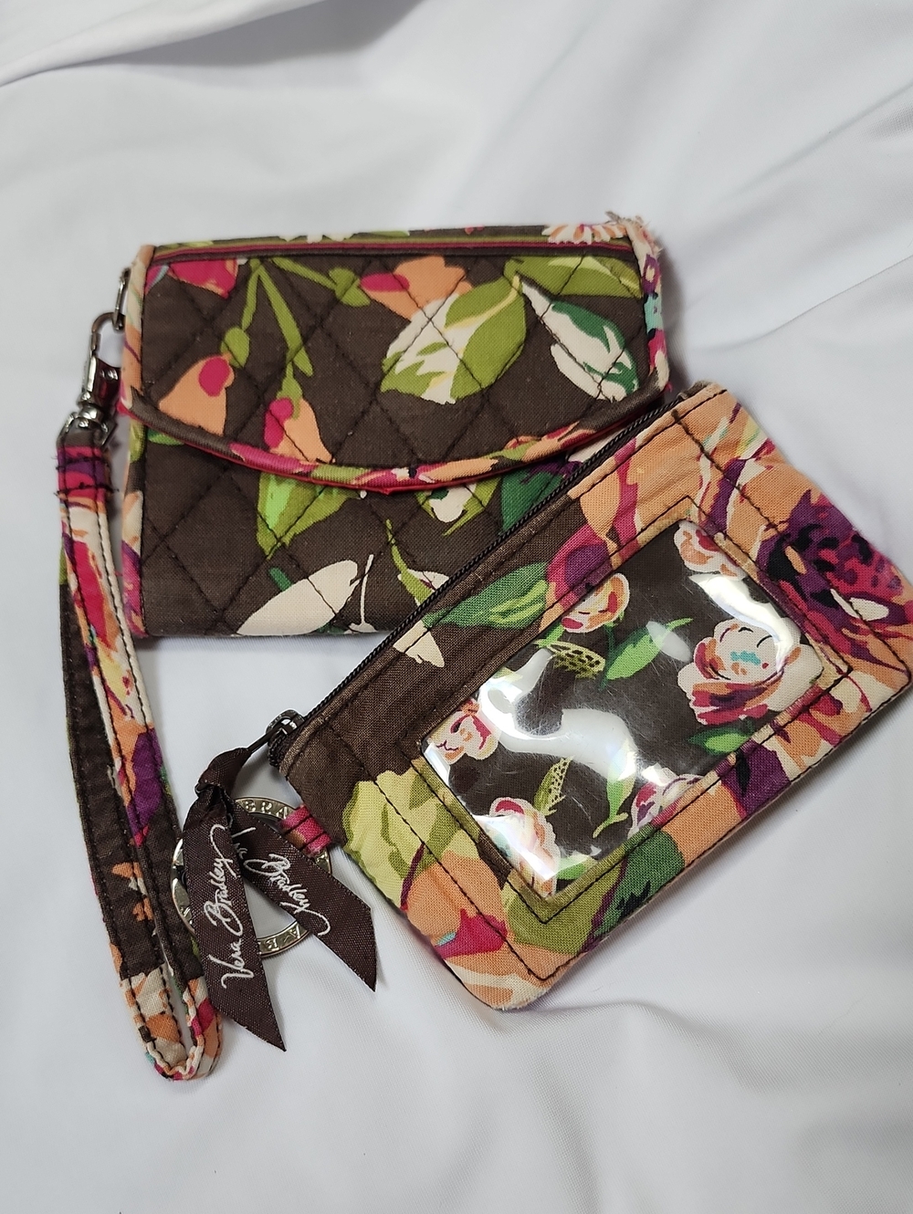 Vera Bradley Brown Floral Quilted Wristlet + ID Pouch
